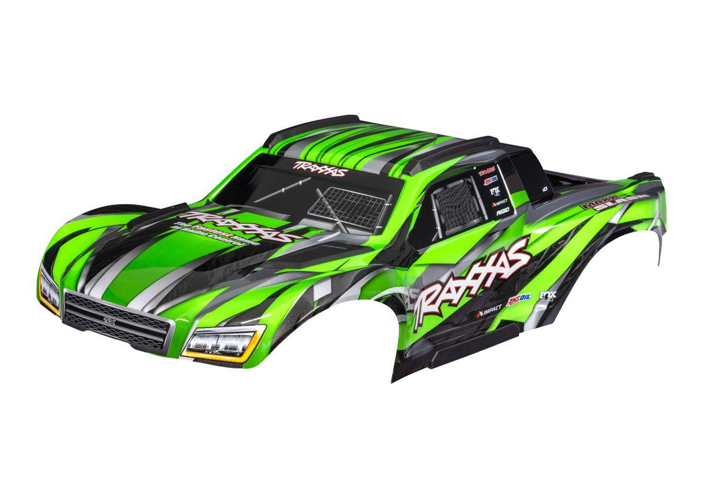 Traxxas TRX10211-GRN - Body, Maxx Slash, green (painted)/ decal sheet (assembled with body support, body plastics, & latches for clipless mounting)