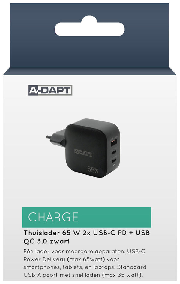 A-DAPT Thuislader 65W 2x USB-C PD + USB QC 3.0 zwart