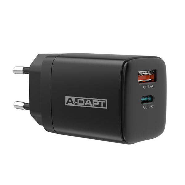 A-DAPT Thuislader USB-C PD 20W + USB QC 3.0 Zwart