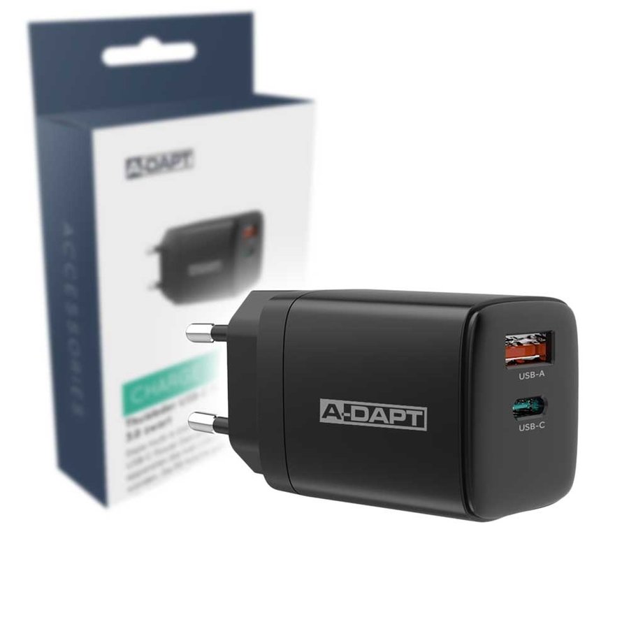 A-DAPT Thuislader USB-C PD 20W + USB QC 3.0 Zwart