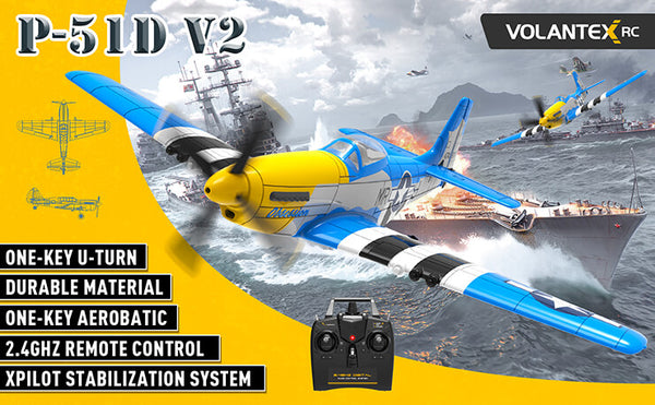 VOLANTEX P51D Mustang V2 Blauw - 400mm wingspan 4Ch Brushed met gyro RTF
